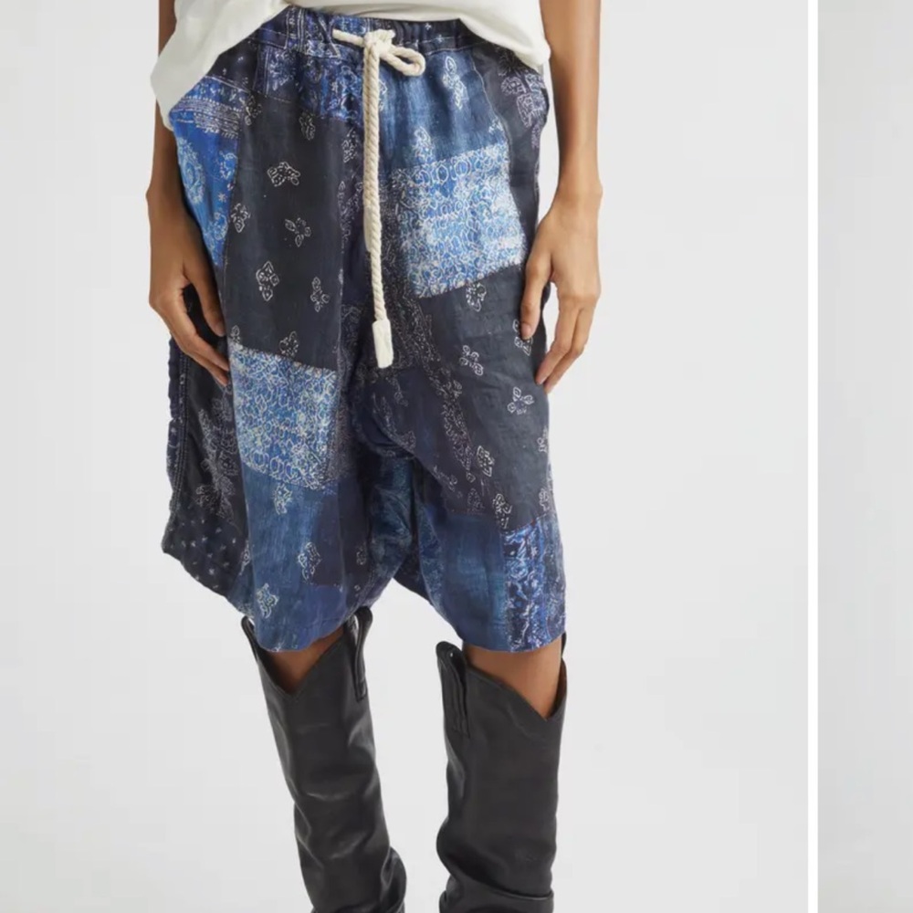 R13 Blue Patchwork Asymmetrical Drawstring Shorts